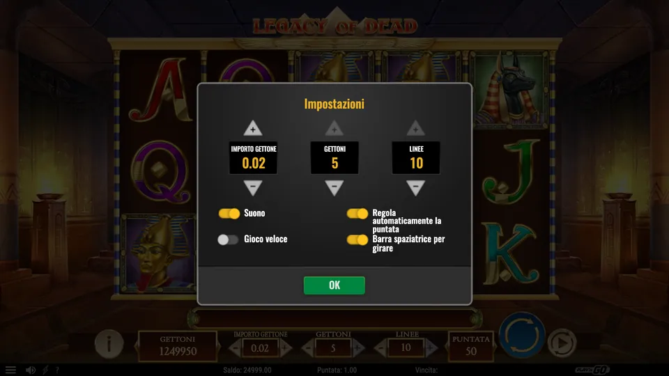 Legacy of Dead demo: finestra Impostazioni con importo gettone 0,02, 5 gettoni e 10 linee