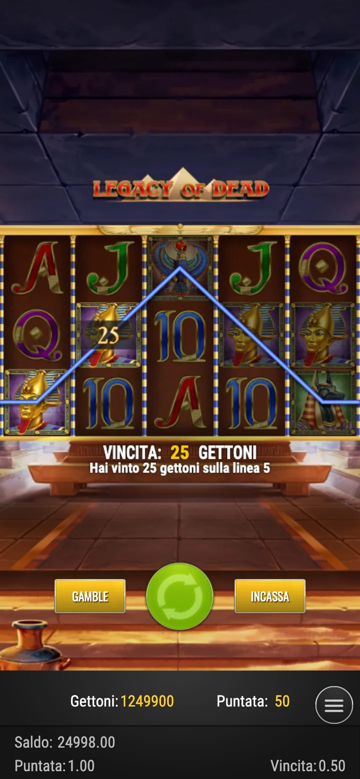 Legacy of Dead su smartphone: vincita sulla linea 5 con i pulsanti Gamble e Incassa