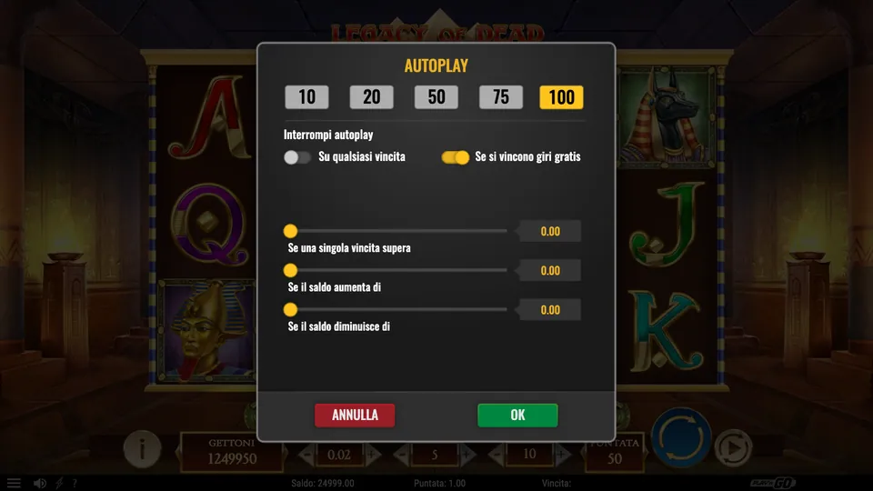 Legacy of Dead: pannello autoplay con le soglie di interruzione